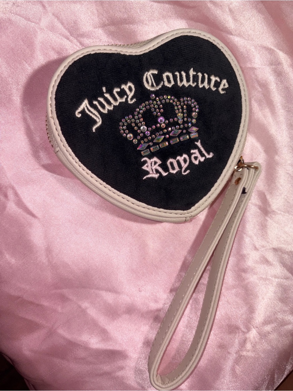Juicy Couture Black Heart Wristlet with White Trim and Rhinestone Crown